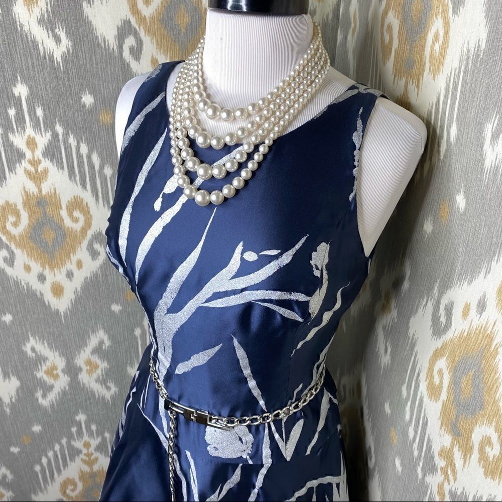 Ralph Lauren Silver Foil Botanical Print Navy Silk Fit & Flare Dress - Picture 13 of 16
